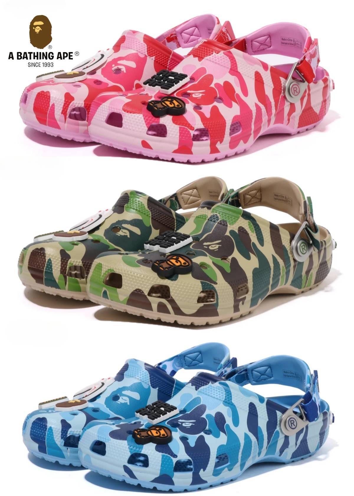 Bape X Crocs-Classic Clog ABC Camo Cave Shoes Camouflage Three Color, Green/Pink/Blue Men'S And Women'S Beach Shoes, Casua...