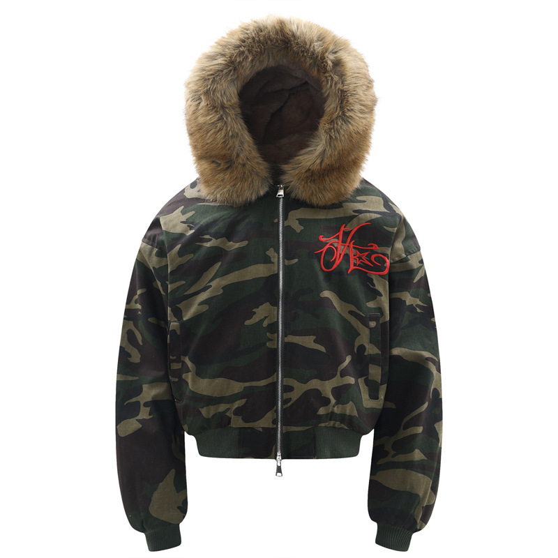 Men’s Winter Streetwear Jacket – Detachable Fur Hood, Loose Fit, Embroidered Hawk Design, Fleece-Lined For Cold Weather...