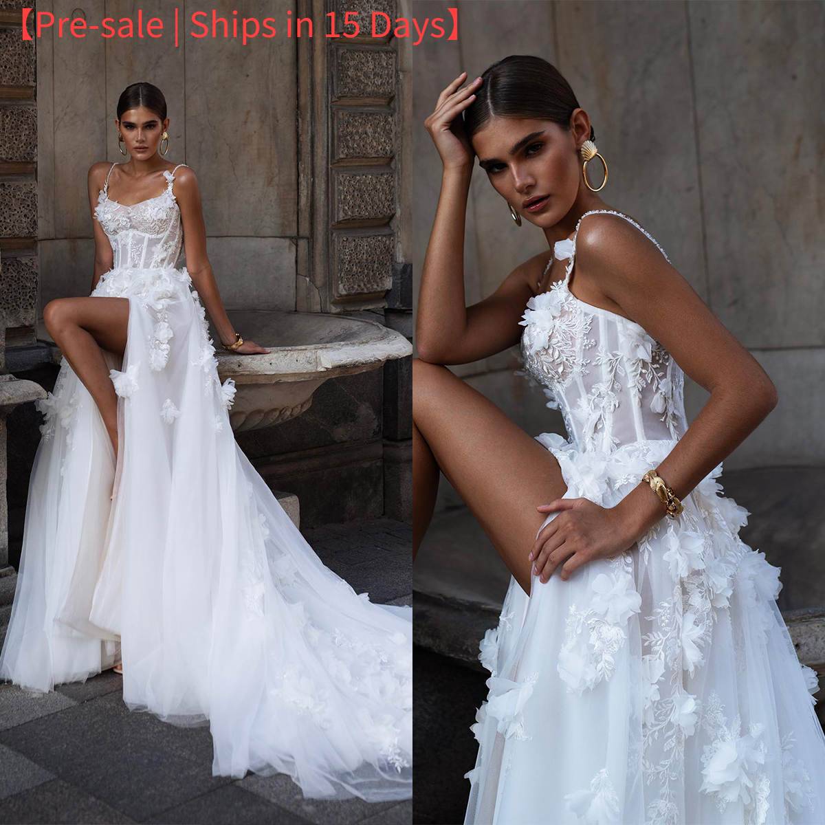 【Pre-sale | Ships In 15 Days】Elegant Suspender Wedding Dress With High Slits And Train, Three-dimensional Flower Beaded Em...