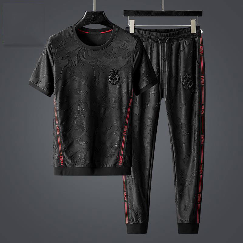 Men's Clothing High-end light luxury short-sleeved two-piece suit for men new summer fashion brand jacquard casual sports...