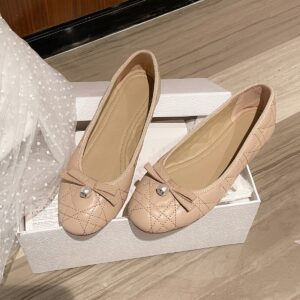 2024 Spring New Genuine Leather Bow Pearl Round Head Ballet Women's Sheepskin Shallow Mouth Flat Single Shoes Women - Schuhe