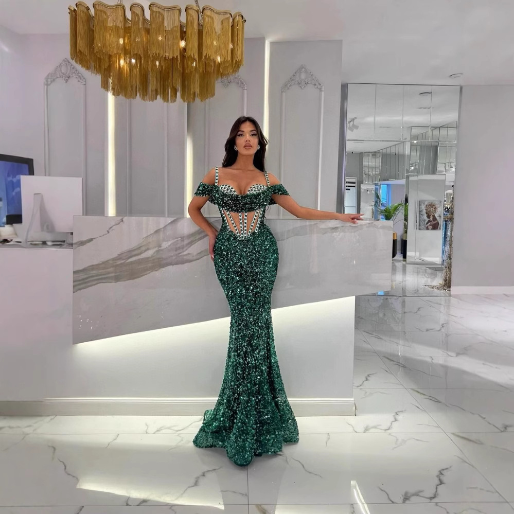 Glitter Sequin Mermaid Evening Dress With Beaded Detailing – Elegant One-Shoulder Long Sleeve Formal Gown For Parties & Ba...