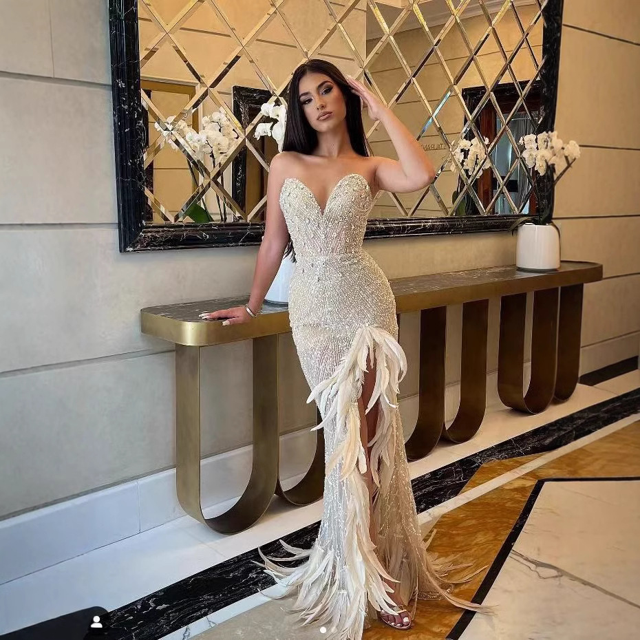 Luxury Handcrafted Beaded Feather Hem Sequin Bustier Evening Gown With High Slit – Elegant Deep V-Neck Formal Dress For Ba...