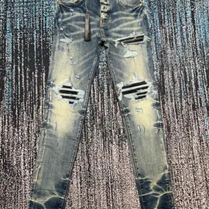 Mens Retro Leather Patch Tight Jeans 241205 - Herrenbekleidung | Technik & Gadgets