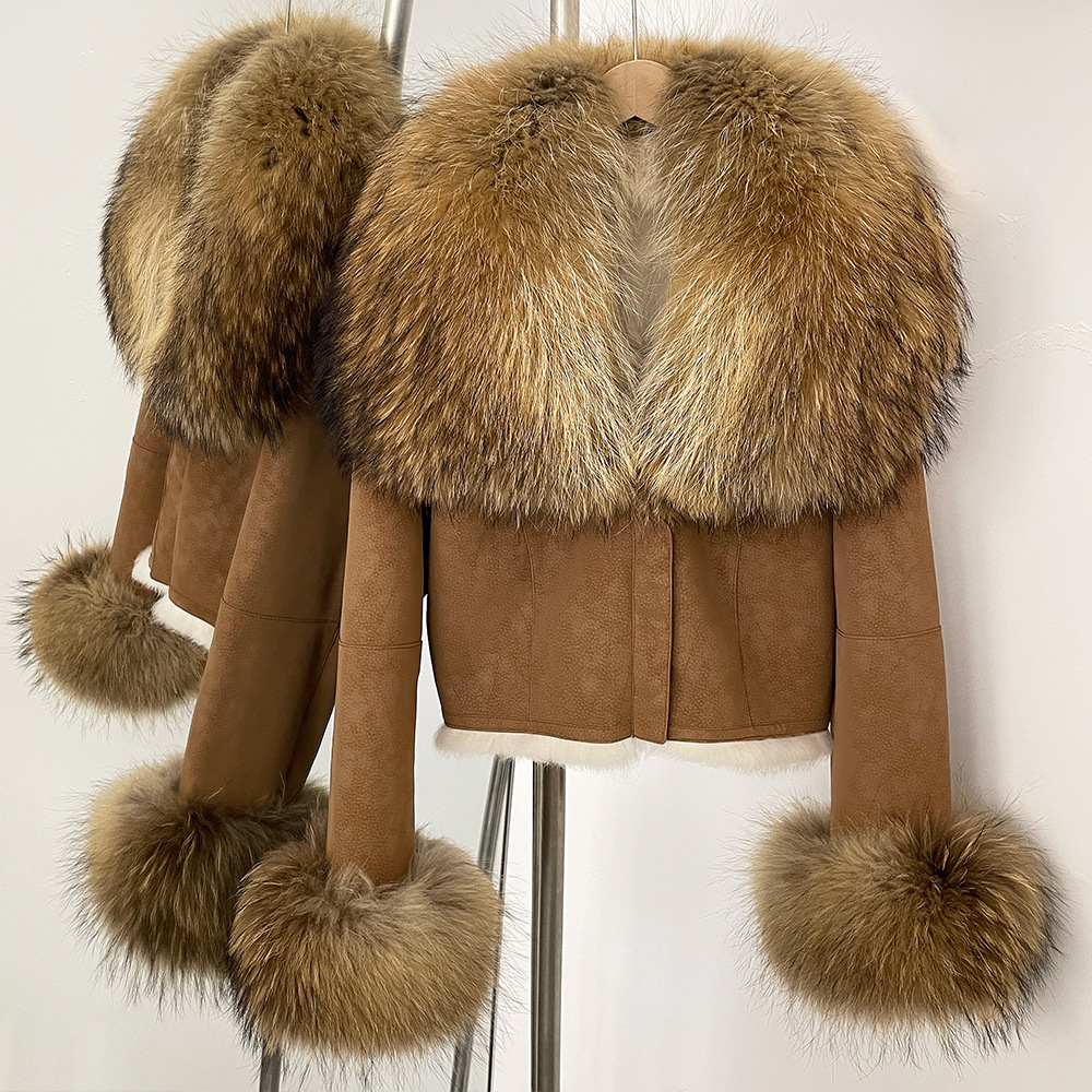 Luxury Faux Fur Collar Suede Leather Jacket Women's Winter Fashion Coat Slim Fit Short Style Sexy Outerwear For Streetwear...