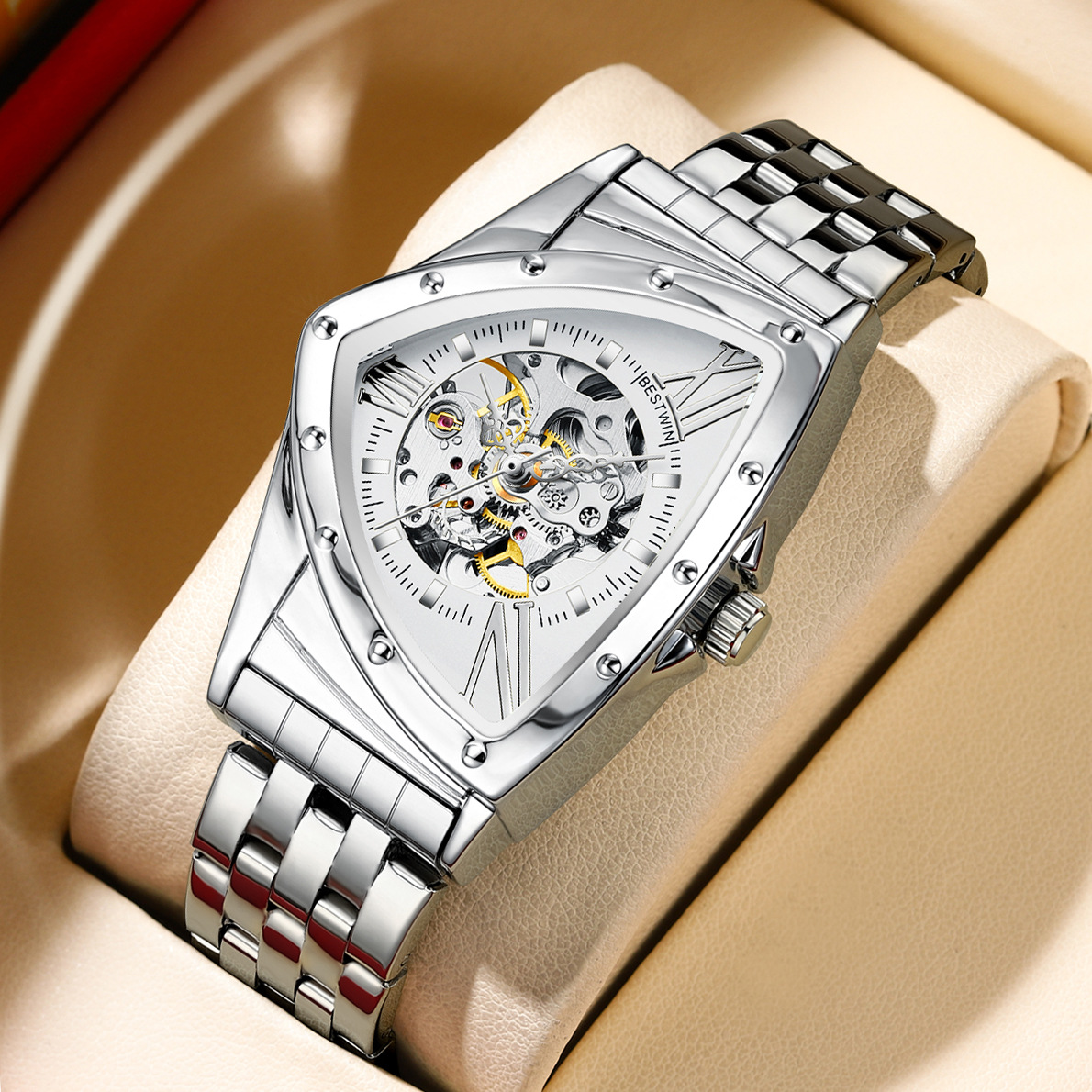 Triangular Skeleton Design Men's Automatic Mechanical Watch Bestwin Waterproof Luxury Business Timepiece - Herrenschmuck