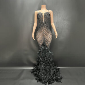 Women's Clothing Black Rhinestone Feather Dress Mesh Red Evening Dress Elegant Dress - Damenbekleidung | Technik & Gadgets