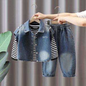 lil Globe Trotter 7608 Children's Outfit Boys Korean Style Fashionable Denim Vest Spring Autumn Trendy T-shirt Three-piece...