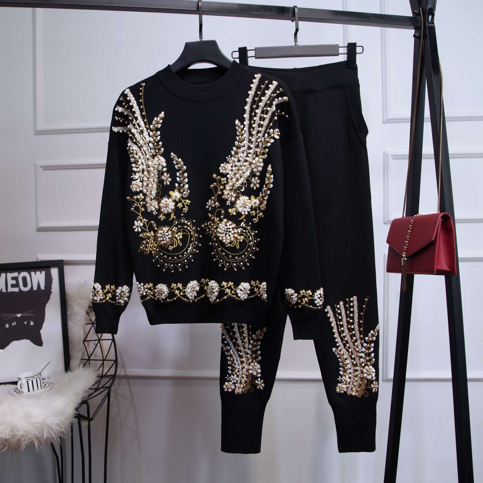 Women's Clothing New Autumn Clothing Women's Sequined Beading Long Sleeved Sweater Sweater Trousers Casual Two Piece Suit ...