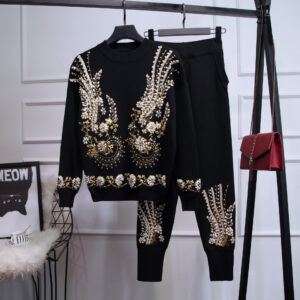 Women's Clothing new autumn clothing women's sequined beading long sleeved sweater sweater trousers casual two piece suit ...
