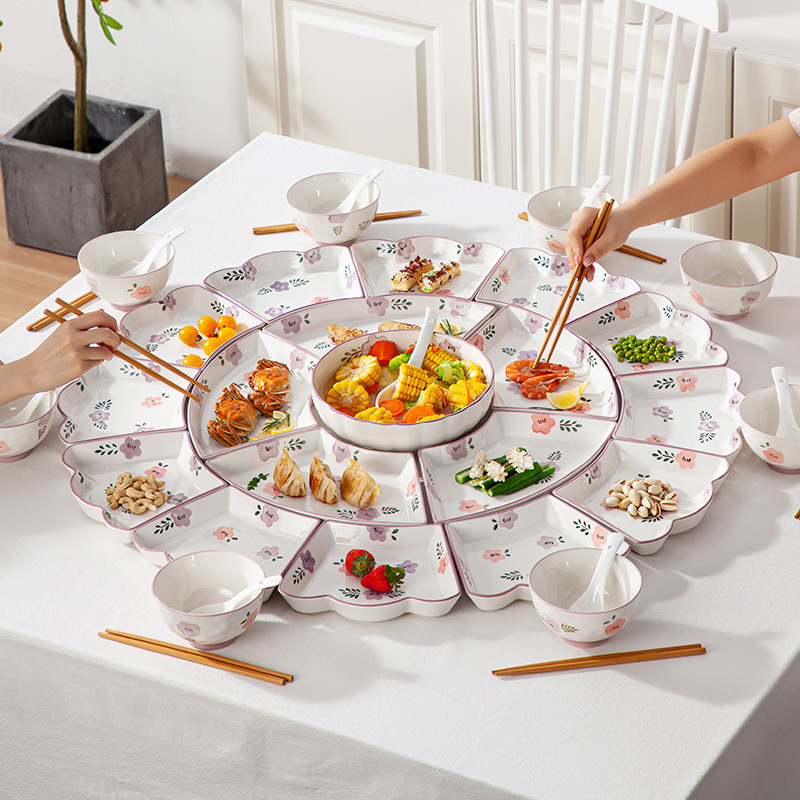 Elegant Purple Floral Ceramic Dinnerware Set - 8-Compartment Platter With Lotus Edge Design, Microwave Safe, Exquisite Chi...