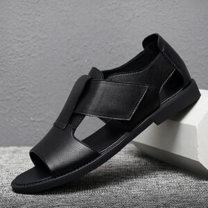 Summer Men's Roman Breathable Black Genuine Leather Beach Shoes Velcro Sole Soft Face Sandals Slippers Trendy - Schuhe