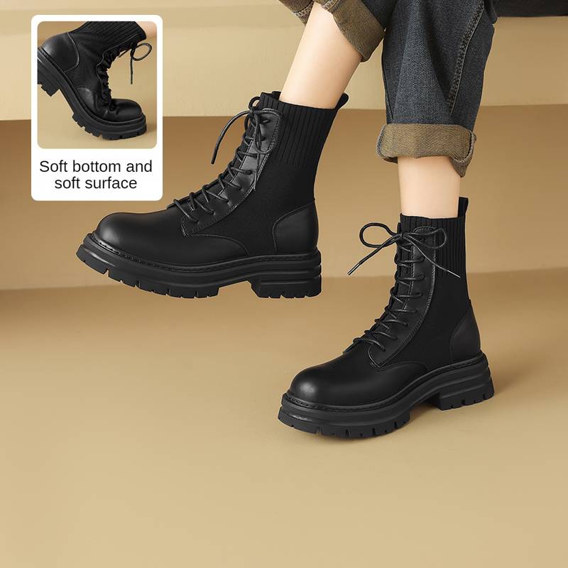 cameido Knitted spliced slimming Martin boots for women. Fleece-lined British-style short boots with thick heels in the au...