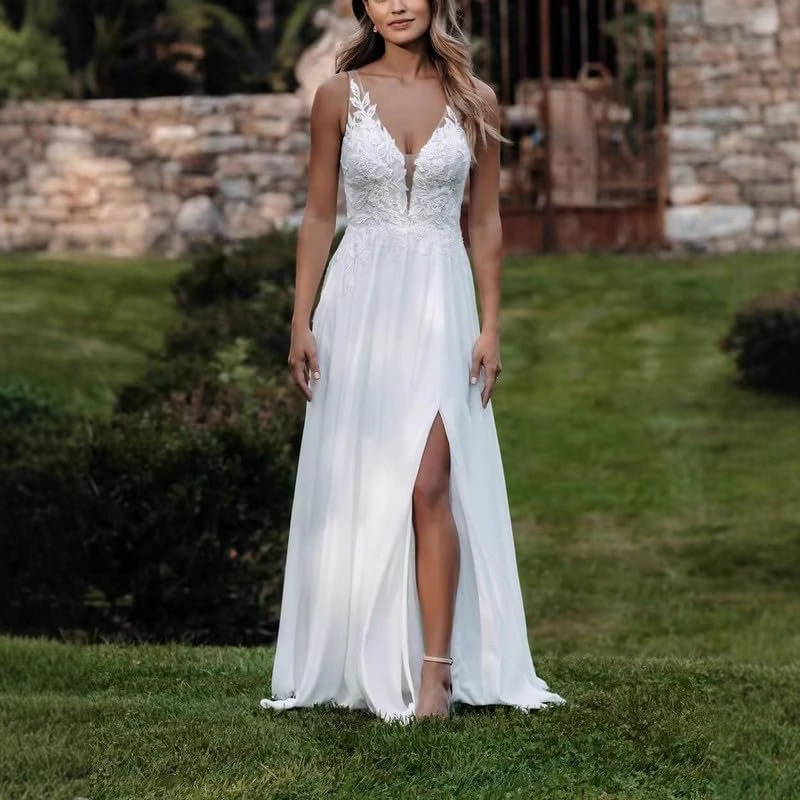 Women's Clothing Slit Wedding Dress New Bride Beach Light Wedding Dress Super Fairy Perspective Deep V Neck Sexy Trailing ...