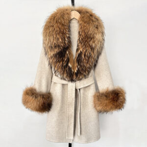 Langer Damenmantel aus Wolle und Kaschmir mit echtem Fuchspelzkragen – doppelseitiger Winter-Trenchcoat, schmal geschnitte...