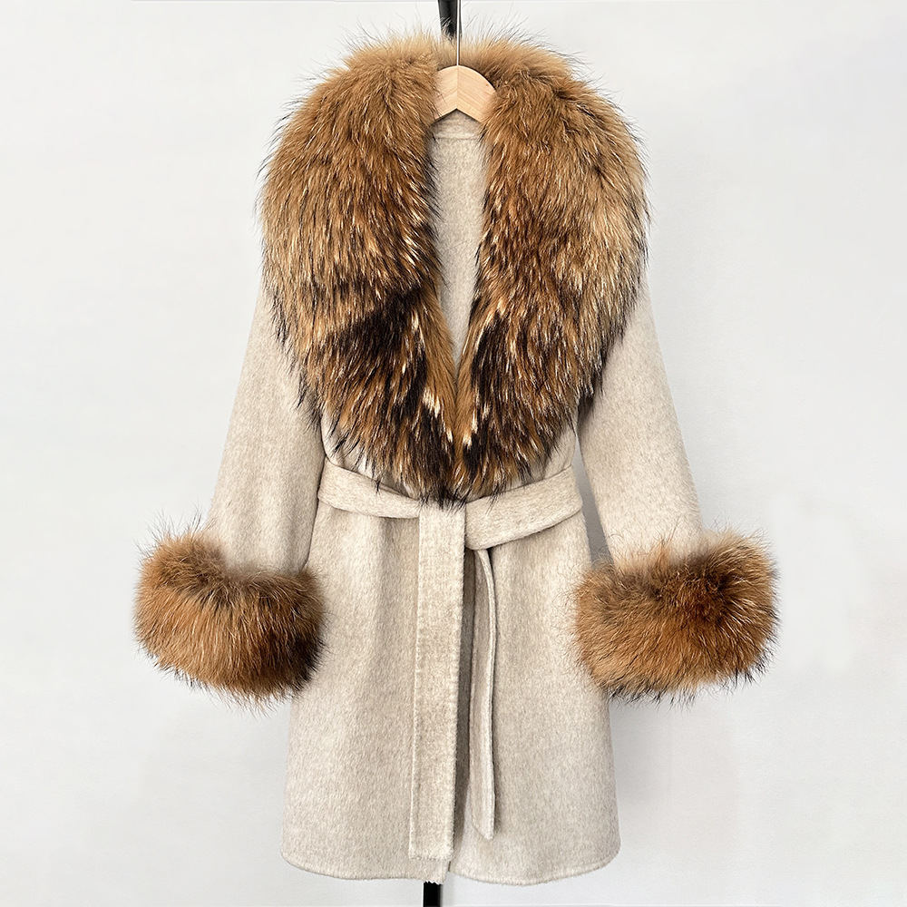 Langer Damenmantel aus Wolle und Kaschmir mit echtem Fuchspelzkragen – doppelseitiger Winter-Trenchcoat, schmal geschnitte...