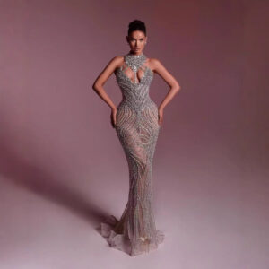 Elegant Sequin Mermaid Evening Gown With High Neckline & Beaded Detailing – Slim-Fit Floor-Length Party Dress For Women - ...