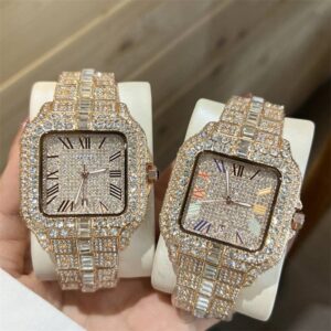 2024 New Men's Luxury All Diamond Square Quartz Watch Calendar Display All Star Steel Ring Watch - Herrenschmuck