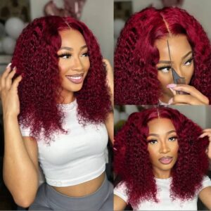 Burgundy Deep Curly Human Hair Wigs Women Brazilian Short Bob 13x4 Transparent Lace Front Wig 99j Wet And Wavy Curly Bob W...