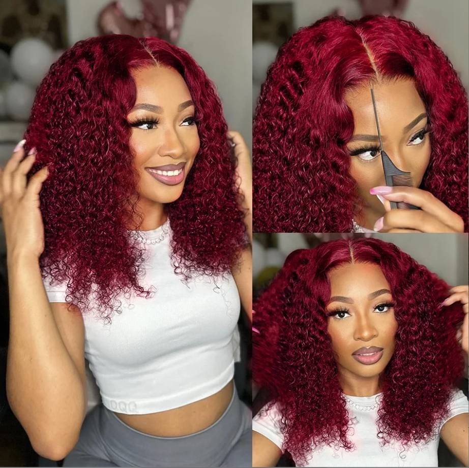Burgundy Deep Curly Human Hair Wigs Women Brazilian Short Bob 13x4 Transparent Lace Front Wig 99j Wet And Wavy Curly Bob W...