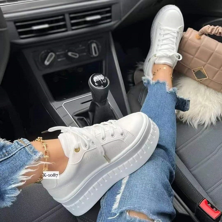 European And American Foreign Trade New Single Shoes Thick Sole Large Size Lace-up White Shoes Women's Platform Sole Sport...