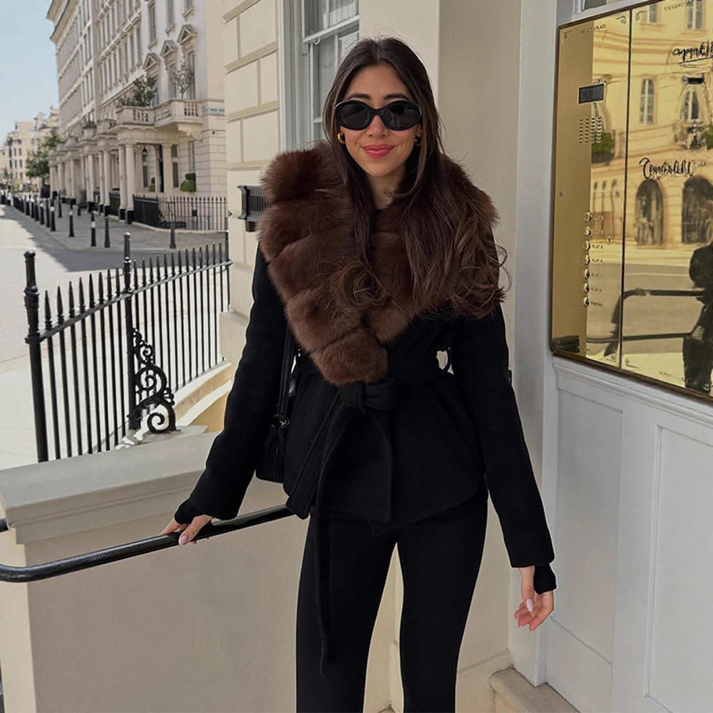 Women's Clothing Faux Fur Coat With Lapel Collar And Fur Collar Faux Fur Coat With Detachable Collar - Elegant Belted Wint...