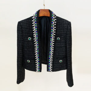 ​​Celebrity-Inspired Wool Blend Jacket With Diamond Studded Green Collar – Edgy Short Coat For Women​​ - Damenbekleidung