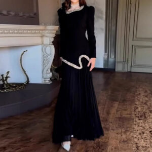 Glamorous Crystal-Embellished Pleated Maxi Dress – U-Neck Elegant Evening Gown With Tie Waist, Polyester, White/Black - Da...