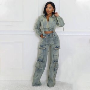 Women's Clothing Women's Fashion Sexy High Elastic Multi Pocket Washed Denim Casual Suit Two Piece Suit - Damenbekleidung