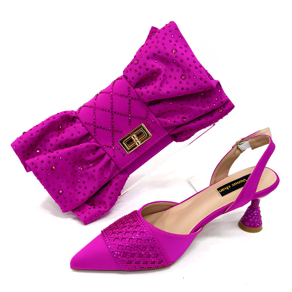 Women's Bright Colored Shoe And Bag Set Summer High Heeled Pointed Sandals With Color Blocked Rhinestones And Butterfly Sh...