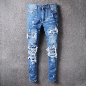 Men's Clothing High Street Fashion Ripped Men's Jeans Blue Patchwork Street Trend Elastic Slim Fit Hip Hop Men's Trendy Pa...