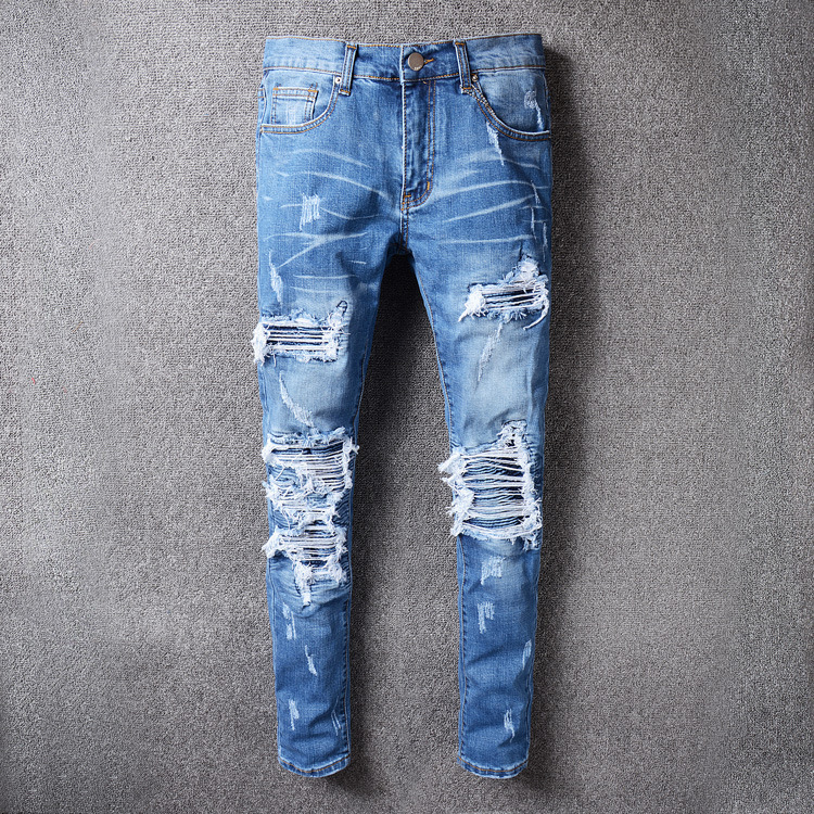 Men's Clothing High Street Fashion Ripped Men's Jeans Blue Patchwork Street Trend Elastic Slim Fit Hip Hop Men's Trendy Pa...