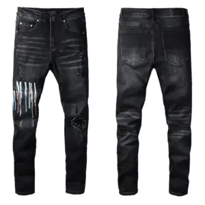 Fashionable Street Spray Painted Colorful Letters Denim Cotton Casual Trousers Black Tight Jeans For Youth - Herrenbekleidung