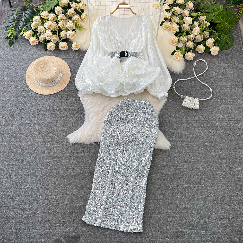 Women's fashion set female socialite temperament lantern long sleeve V-neck lotus leaf bright face shirt women's high wais...