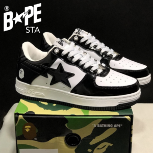 A BATHING APE Bape-STA OS Classic Lacquer Leather Double Splicing Trendy Fashion Board Shoes Air Force No.1 Board Shoes Me...