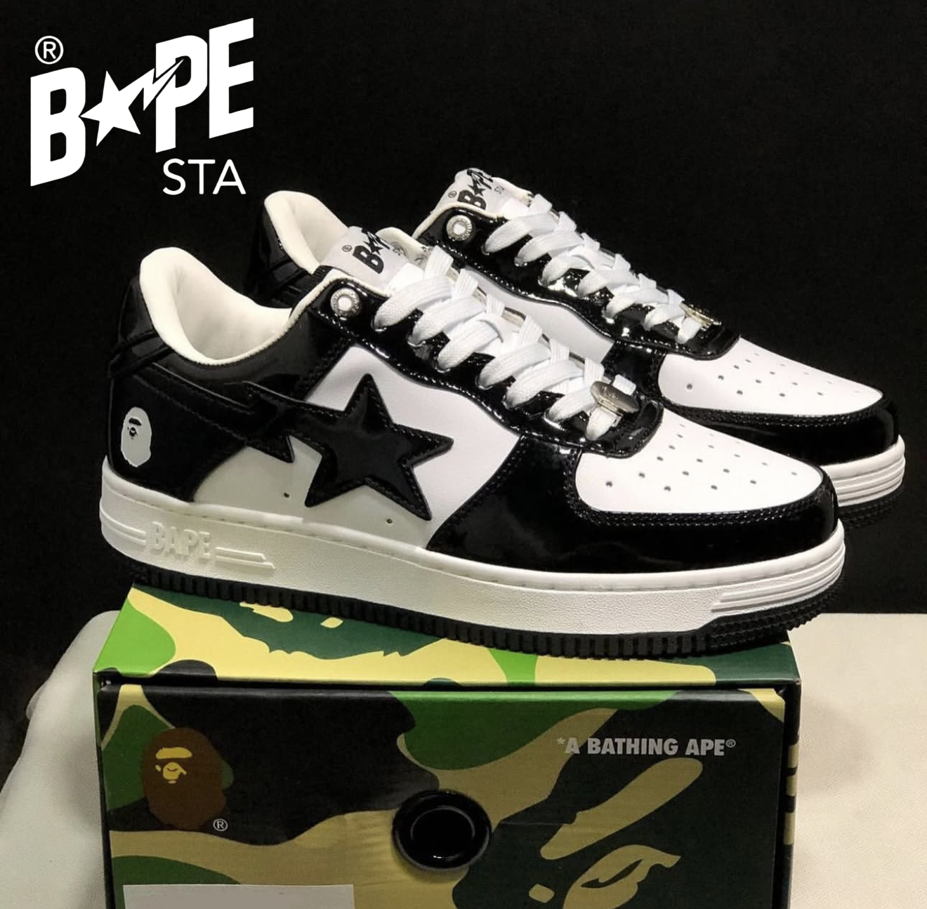A BATHING APE Bape-STA OS Classic Lacquer Leather Double Splicing Trendy Fashion Board Shoes Air Force No.1 Board Shoes Me...