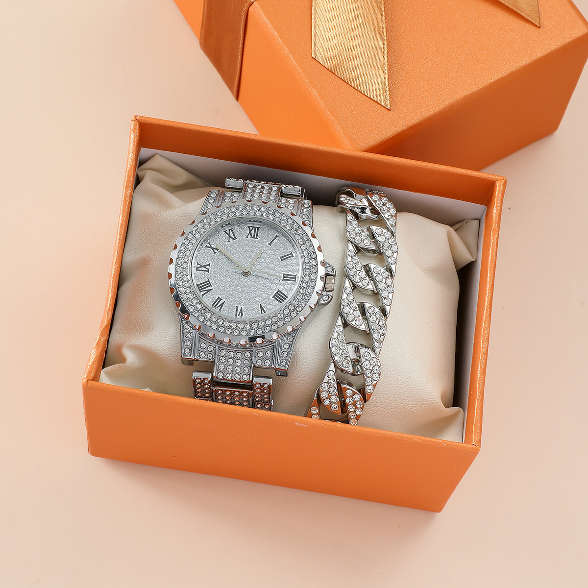 Women's Watches Roman Numeral Steel Watch Full Of Stars Temperament Business Quartz Watch Style Full Diamond Bracelet Set ...