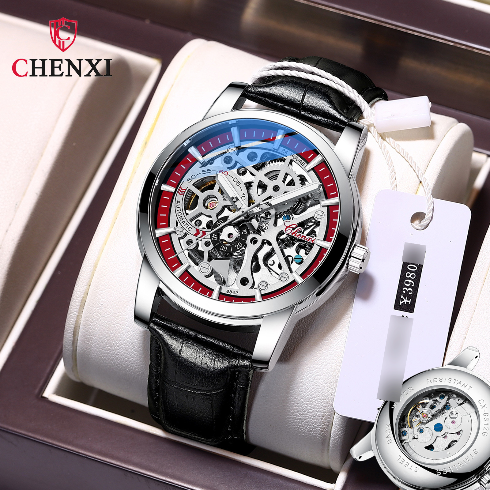 Men's Mechanical Watches Leather Strap Mechanical Watch Men's Waterproof Glow-in-the-dark Automatic Hollow Mechanical Watc...