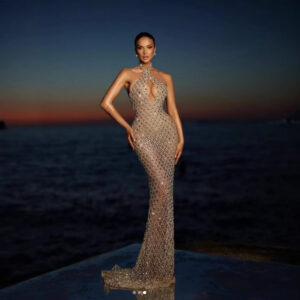Elegant Gold Sequin Mermaid Evening Gown With High Slit & Deep V-Neckline – Sexy Formal Dress For Gala, Party, Red Carpet ...
