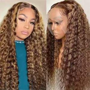 Highlight Brown Deep Wave Lace Front Wig Human Hair Wigs Lace Frontal Wig Pre Plucked Honey Blonde Colored Remy Wigs For W...