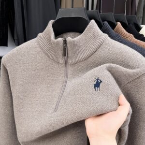 Men's Zipper Pullover With Fleece Lining, Trendy Casual Loose Embroidered Autumn Winter Solid Color Knitted Base Shirt - H...