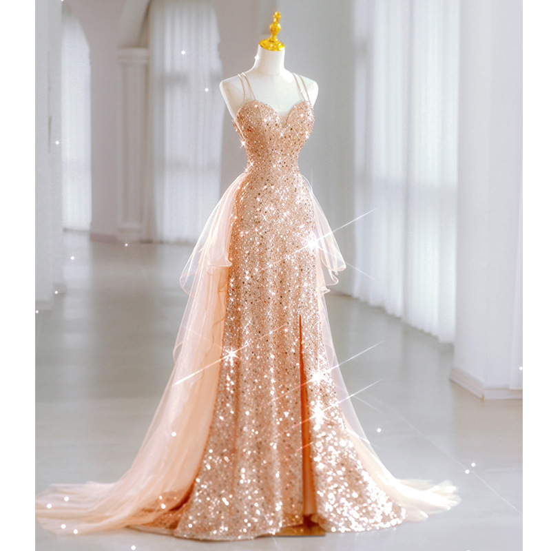 Women's Clothing Sequined Evening Dress 2025 Summer New Sling Sexy Light Luxury Party Dress Skirt Sister Group Banquet Eve...