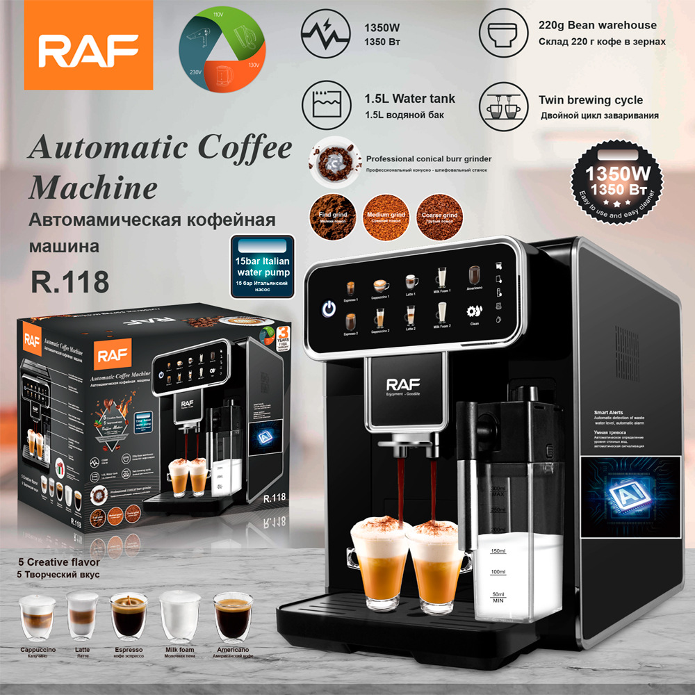 RAF European Certified Automatic Espresso Machine - 10-Cup Steam Coffee Maker With Self-Cleaning & Temperature Control, St...