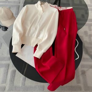 Women's Clothing Street Casual Sports Suit Long Sleeved Zipper Sweatshirt Wide Leg Pants Running Two Piece Suit - Damenbek...