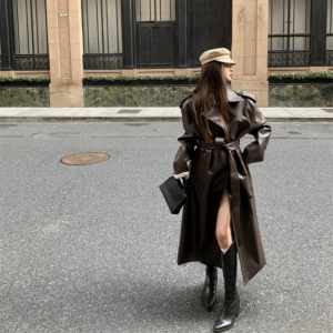 Retro Mid-Length Over-the-Knee Jacket High-Quality Women’s New Loose Leather Windbreaker - Damenbekleidung