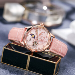 Multifunctional waterproof automatic ladies mechanical watch sun, moon and stars shell surface mechanical watch female - H...