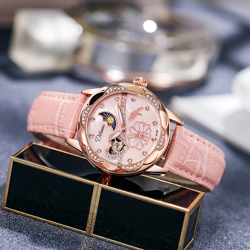 Multifunctional waterproof automatic ladies mechanical watch sun, moon and stars shell surface mechanical watch female - H...