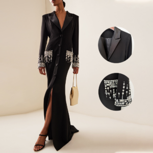 Heavy Beaded Diamond Collar Dress - Fishtail Mermaid Gown With Suit-Style Lapels (European/American Star Fashion)​​ - Dame...