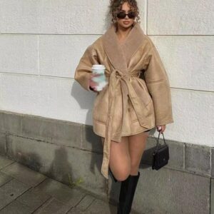Women's Clothing autumn and winter new fashion cashmere leather fur collar composite belt jacket - Damenbekleidung