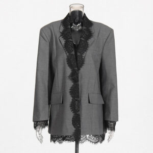 Women's Clothing Small Suit Lace Splicing Elegant Gray Blazer With Lace Embroidery & Notched Collar - Stylish Office Wear ...